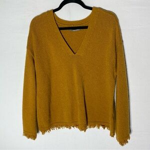 Anthropologie Mustard Yellow Wool Alpaca Blend Knit V Neck Sweater W Fringe XL